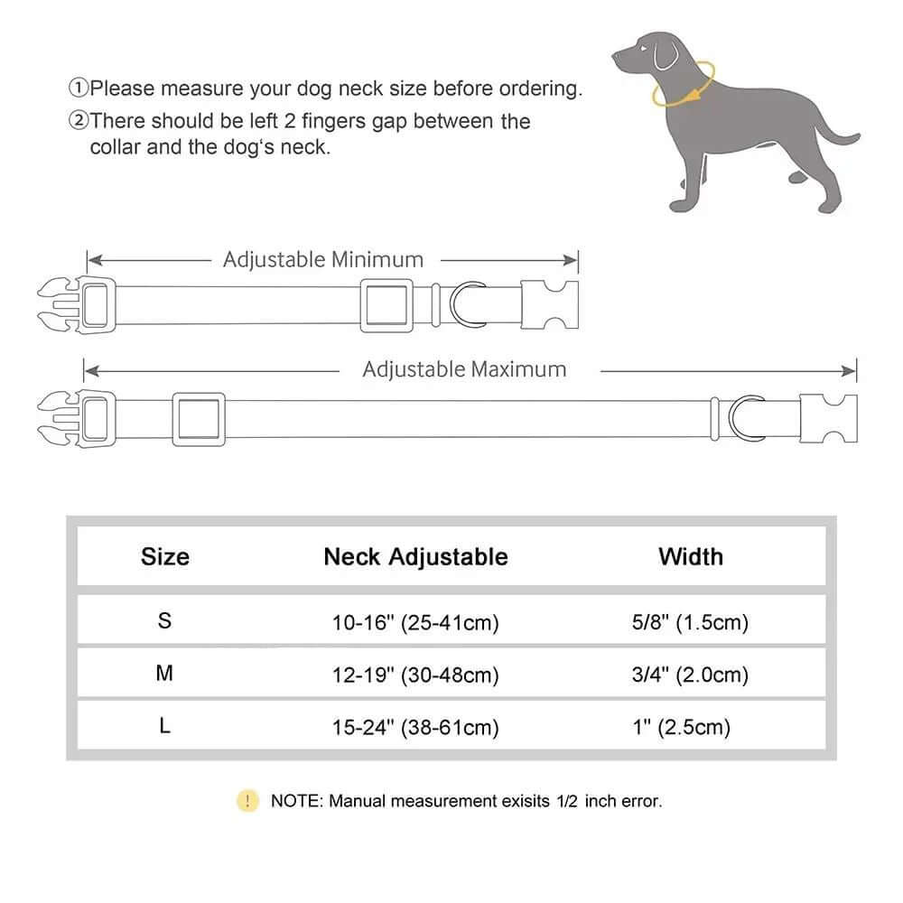 Furevercare Adjustable Nylon Dog & Cat Collar sizing chart for pet neck adjustments and collar width options.
